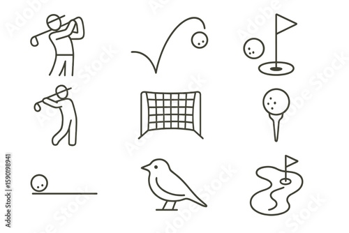 Golf and nature line icon set. sports, birdwatching outline collection