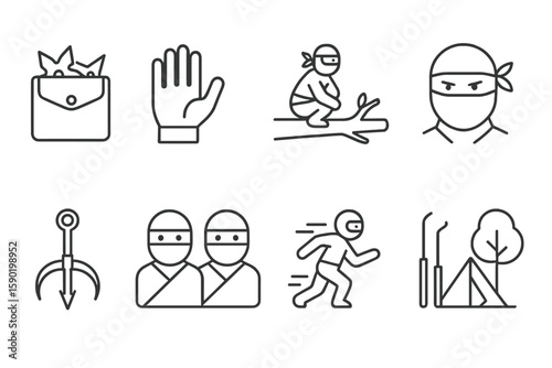 Ninja, warrior line icon set. stealth, defense symbols outline collection