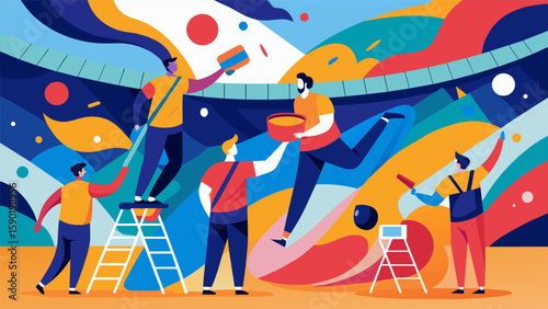 A snapshot of a team of painters adding vibrant colors and patterns to the walls and ceilings of the stadium giving it a lively and energetic. Vector illustration