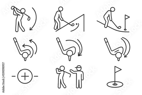 Golf, sports line icon set. equipment, course activities outline icons collection
