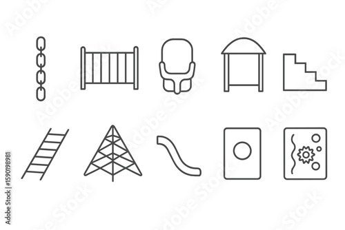Playground equipment outline icon set. swings, slides, and more in simple outlines.