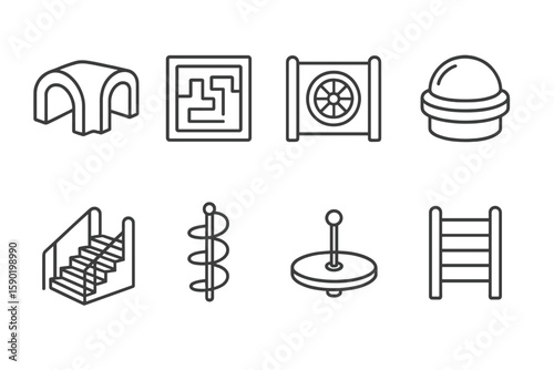 Playground equipment line icon set. swings, slides, and more in outline style