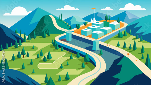 An aerial viewpoint revealing the magnitude of the project as it stretches far and wide seamlessly merging with the natural surroundings.. Vector illustration