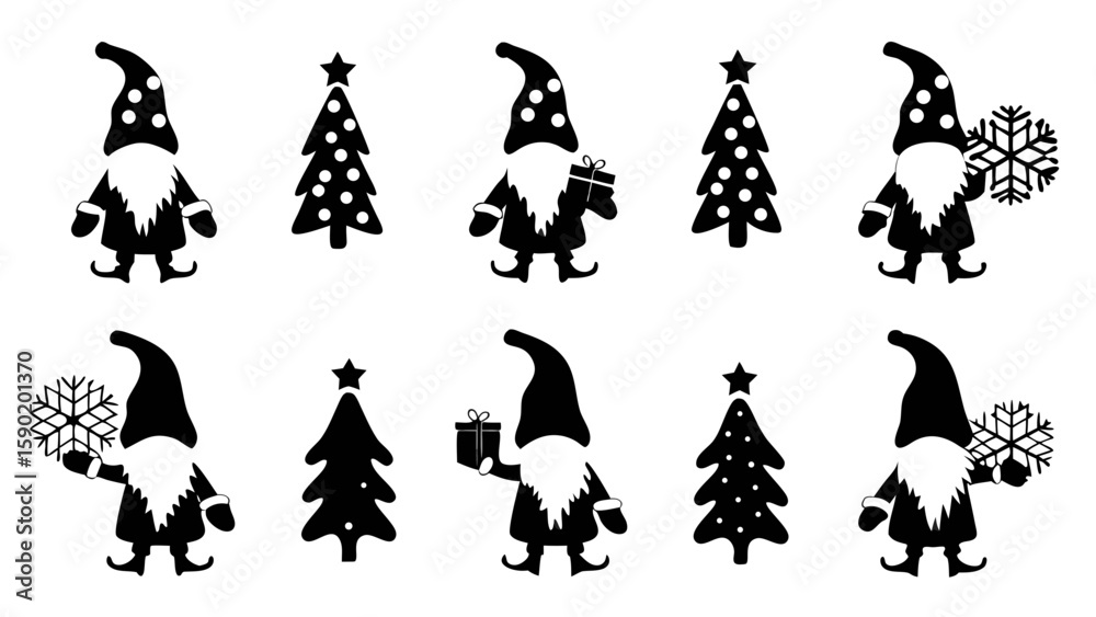 Naklejka premium Christmas Gnome Silhouette Bundle with Gifts, Trees, Snowflakes, Holiday Decor Cut Files