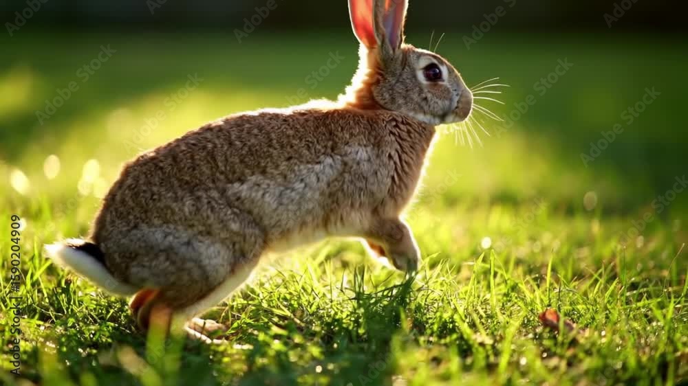 Brown rabbit standing alert in green grass with ears up
