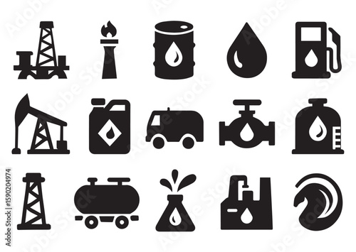 Black and White Silhouette Icons for Oil & Gas Industry"