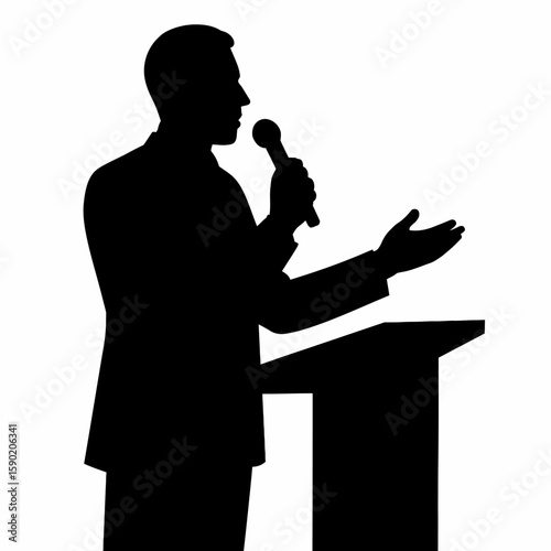 Silhouette of a speaker at a podium, microphone raised