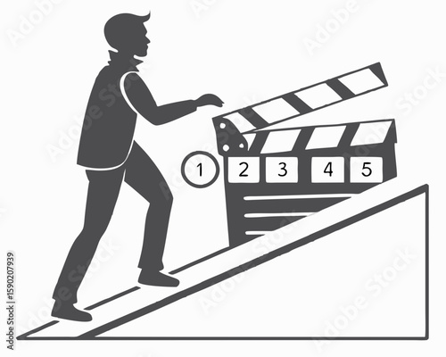 Film director using a clapperboard on a transparent surface for creative concepts