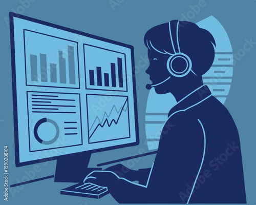 Data analyst working on computer displaying business statistics and customer support