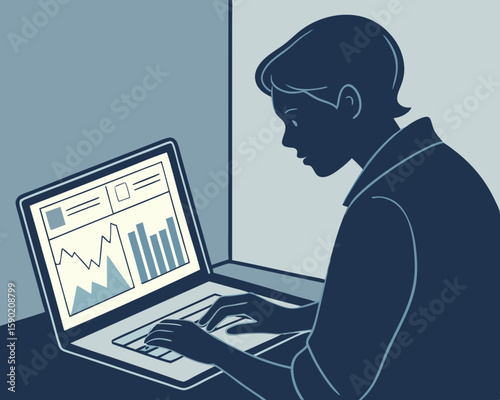 Professional working silhouette on laptop displaying business data and analytical charts