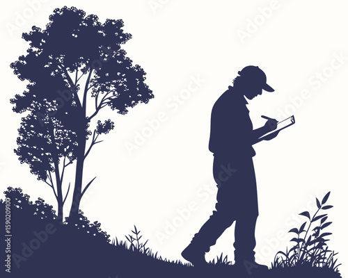 Silhouette of a person taking notes in nature alongside a tree and greenery illustration.