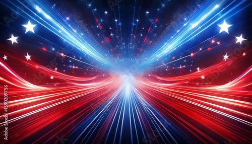 abstract usa themed background with red white and blue light streaks and glowing stars symbolizing patriotism celebration and national pride