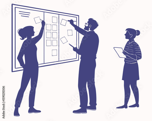 Team planning and collaboration illustration with silhouetted professionals at a whiteboard