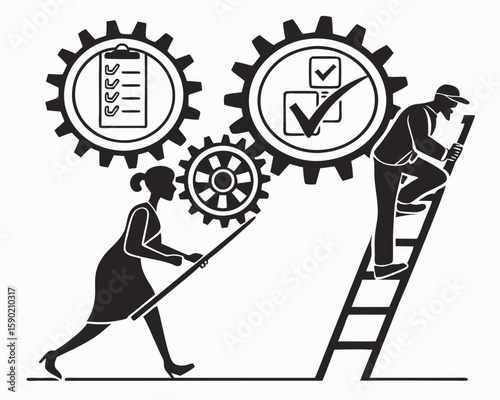 Teamwork and progress conceptualized with gears and climbing as a vector illustration on white