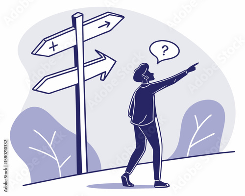 Vector illustration of a person facing directional sign with question mark suggesting decision making