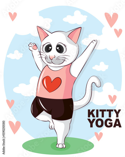 Cute cartoon cat practicing yoga on the sky. Cute vector cartoon flat cat. Yoga kitty.