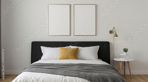 Two blank vertical frames mockup hanging on a white wall above a bed with a black headboard in a modern, minimalist bedroom interior. Home decor and interior design background with copy space.