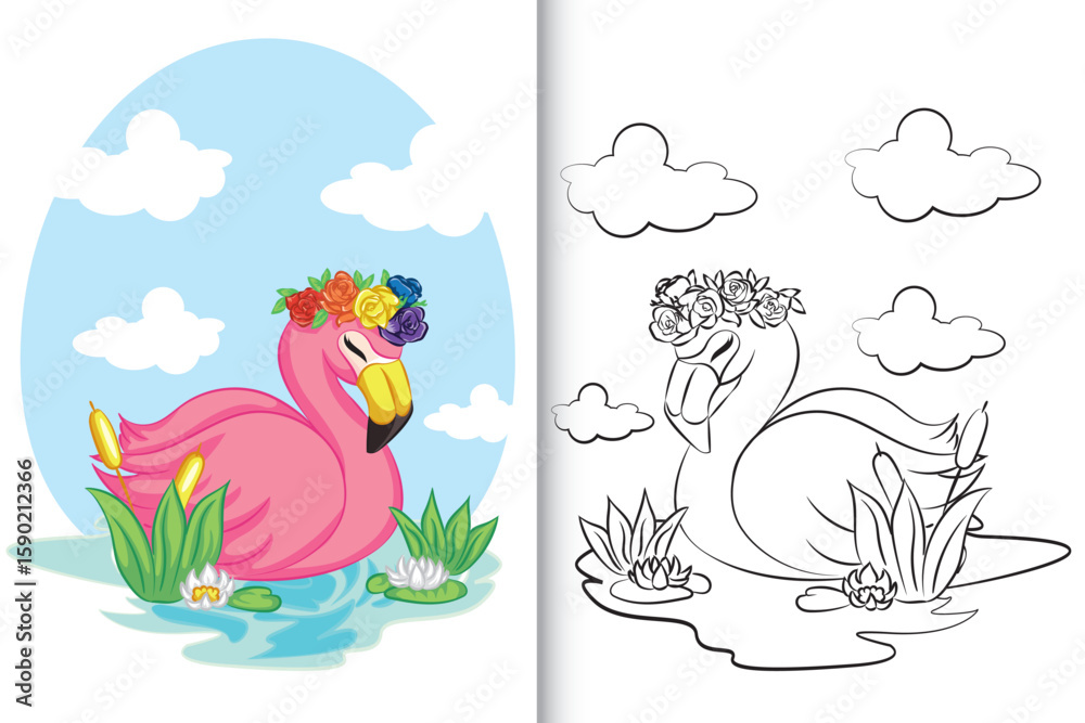 Obraz premium Flamingo swimming on the lake for coloring book, coloring page.