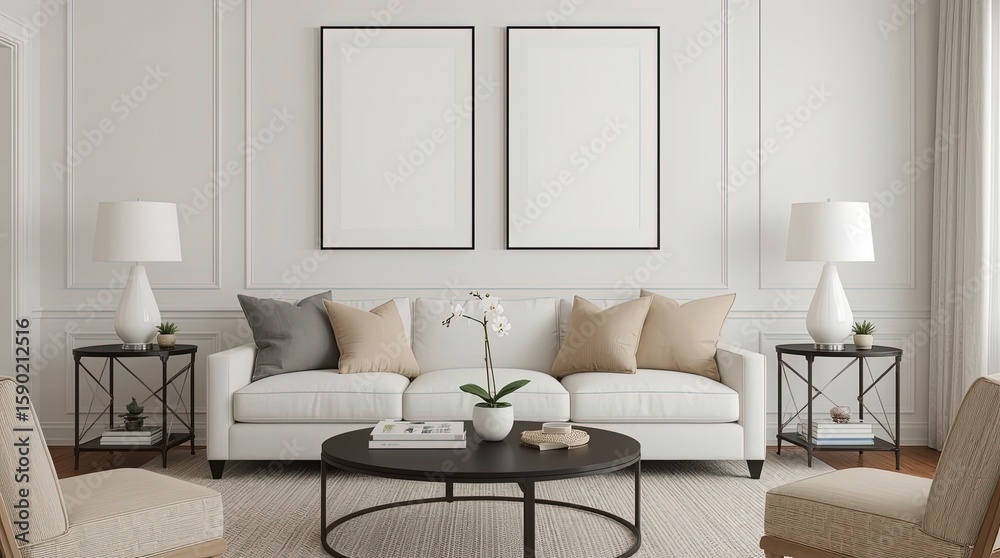 Fototapeta premium Symmetrical interior of a bright, elegant living room with a white sofa and two blank vertical picture frame mockups on a paneled wall.
