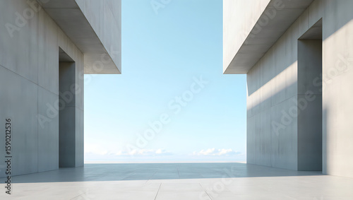 Minimalist Concrete Architecture with Open Sky View and Strong Linear Shadows