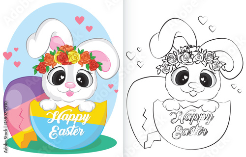 coloring page template Little rabbit in the eggshell