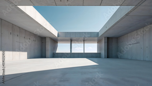 Minimalist Concrete Architecture with Open Sky View and Strong Linear Shadows