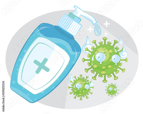 Hand sanitizer protect you from Corona virus - The muscular Hand sanitizer and Corona virus are frightened. Poster Design of Corona Virus. Vector Illustration. Isolated.
