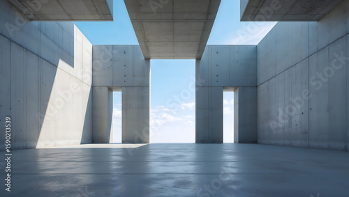 Minimalist Concrete Architecture with Open Sky View and Strong Linear Shadows