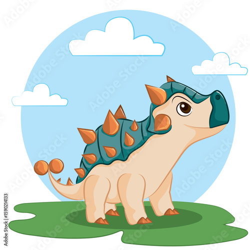 Cute Cartoon Vector Happy Dinosaur Ankylosaurus