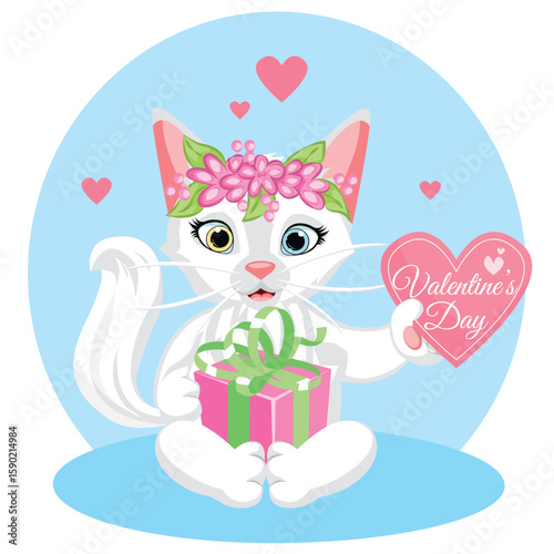 Cute white cat with heart. Happy Valentine s Day vector illustration