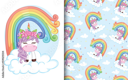 Cute little purple magical unicorn with rainbow and cloud. pattern with cute unicorns.