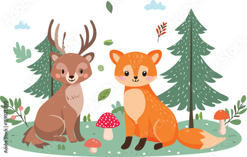 Cute baby fox, deer with forest elements. Perfect for nursery prints, kids’ room decor and baby shower designs.