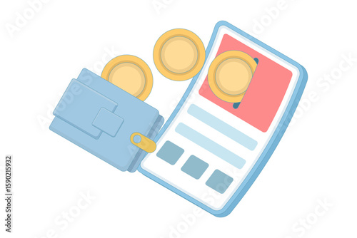 The concept of electronic payments, cashless payments, points collection, and reward earning is a loyalty program. Coins come out of a smartphone. A flat design in the background.