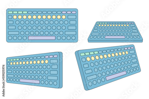 Keyboard concept. Illustration of a keyboard with various views. Modern laptop Bluetooth keyboard isolated on background. Minimalist keyboard with cute keys. Vector illustration.