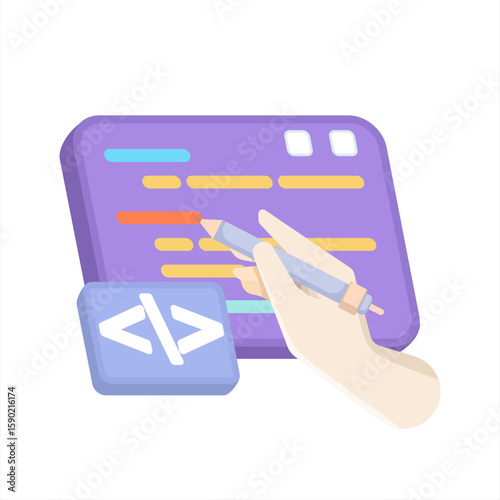 Illustration of Writing coding program scripts. Programming concepts. Programming courses or training. Technology education. Learn to create program scripts. Flat design.