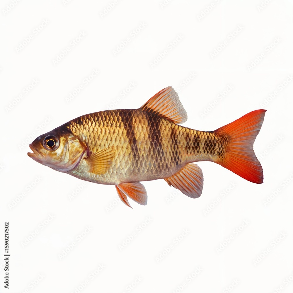 Fototapeta premium A photo of a vibrant fish with a predominantly golden-yellow scale pattern on its body. The fish has a pronounced black fin on its back and a bright orange tail fin