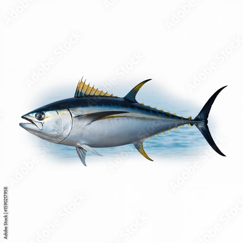  A photo of a yellowfin tuna fish swimming in the ocean. The tuna has a streamlined body, sharp fins
