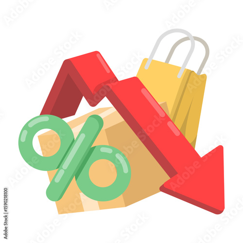 Price Drop Down Arrow, store promotions, or online shopping. A price drop design featuring a downward graphic with a percentage sign. A down arrow indicates a sale or discount.