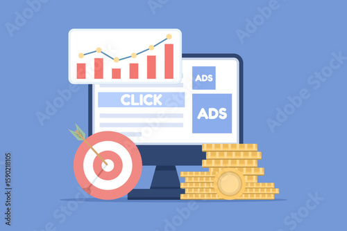 Pay-per-click illustration concept for websites. Targeted contextual PPC advertising or online banner advertising. Contextual digital marketing, behavioral targeting, or retargeting.