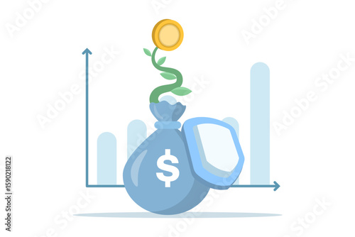 The concept of defensive stock investing. Business resilience to survive adversity. Safe investments. Choosing stable stocks to invest in. Illustration of a shield and a bag of investment money.