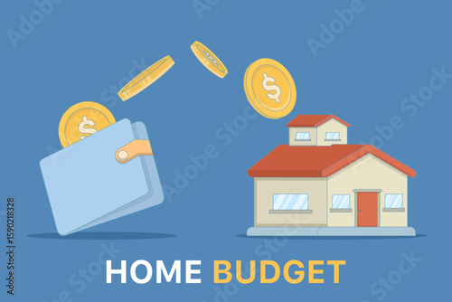 Household expenses, Wallet containing coins, House rent, Property purchase or Property investment. Property purchase, Home financing and budgeting, living expenses. Flat vector illustration