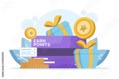 Points earning concept. Rewards. Loyalty programs and earning rewards. Receiving rewards and gift boxes. Loyalty program marketing strategies. Discounts and bonuses. Flat design.