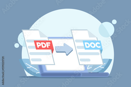 Concept of converting a PDF file to a document. PDF conversion. PDF to JPG converter. Screenshot showing the process of converting a document to another format. Flat design illustration with backgroun