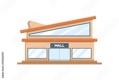 Department store with customers. Mall building concept. Shopping center building. Mall exterior. Mall icon set. Shopping in a city mall. Mall vector icon set for web design, isolated on background.