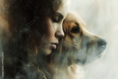 Young girl with long hair gently resting her head against a golden retriever, showcasing a deep bond and emotional connection through a soft, dreamy atmosphere