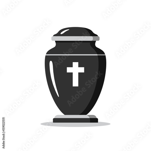 Classic black funeral urn with cross symbol on white background  
