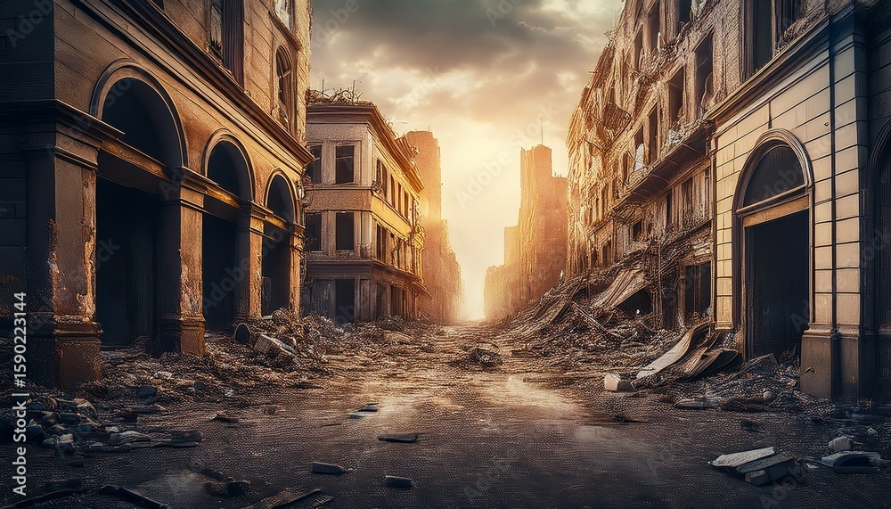 Obraz premium war torn city street ruins