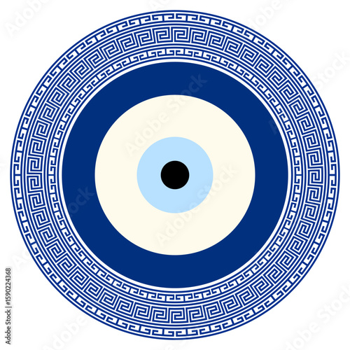 Greek meander Turkish evil eye. Mandala greek evil eye. Symbol of protection in Turkey, Greese, Cyprus. Blue Turkish Fatima's Eye. Amulet from evil eye. Nazar. Magic item, attribute