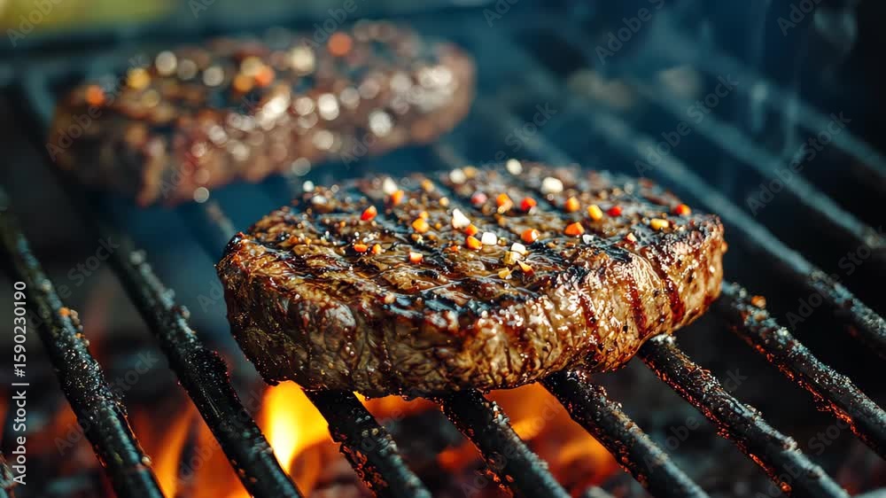 Grilled Steak Sizzling: Close-up shot captures the deliciousness of grilled steak sizzling on the hot grill. The grill marks and smoky texture showcase culinary excellence.