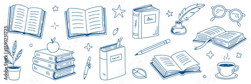 Literary World: Hand-drawn illustration featuring open and closed book with pen and glasses, cup, flower and star to create a unique look